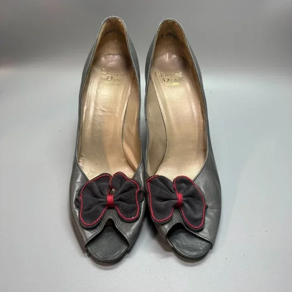 Christian Dior Gray  Flower‎ Vintage Souliers Spike Heels Sz 8 1/2 B - Picture 2 of 11